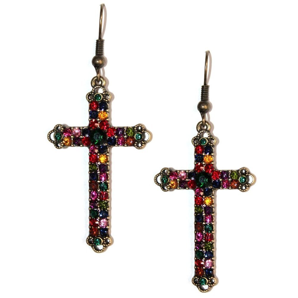 Multicolor Crystal Antique Goldtone Rustic Cross Earrings